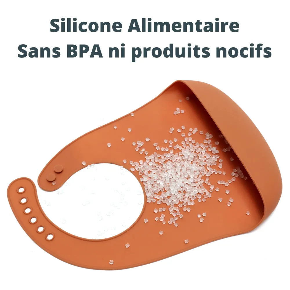 Bavoir silicone avec poche récupératrice