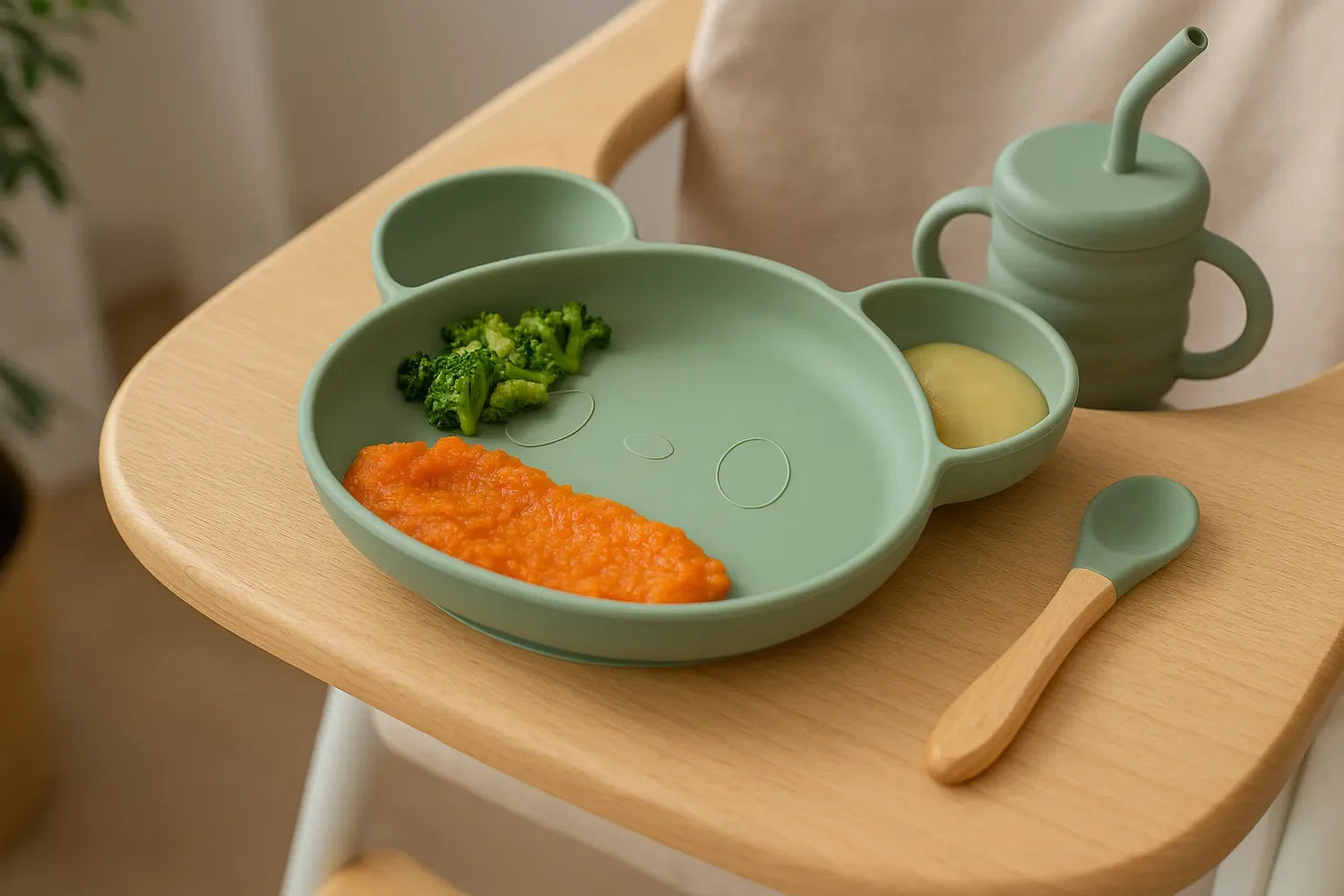 Assiette bébé à ventouse en silicone vert avec compartiments, purée, légumes, cuillère bois et tasse sur chaise haute en bois clair.
