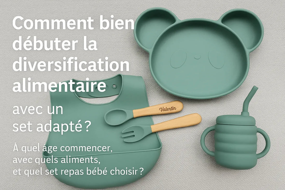 Set repas bébé vert personnalisé avec assiette panda, couverts gravés “Valentin”, bavoir souple et tasse d’apprentissage, idéal pour la diversification alimentaire.