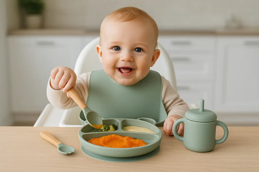Bébé heureux mange dans une assiette compartimentée en silicone avec ventouse, cuillère bois et tasse d’apprentissage vert pastel.