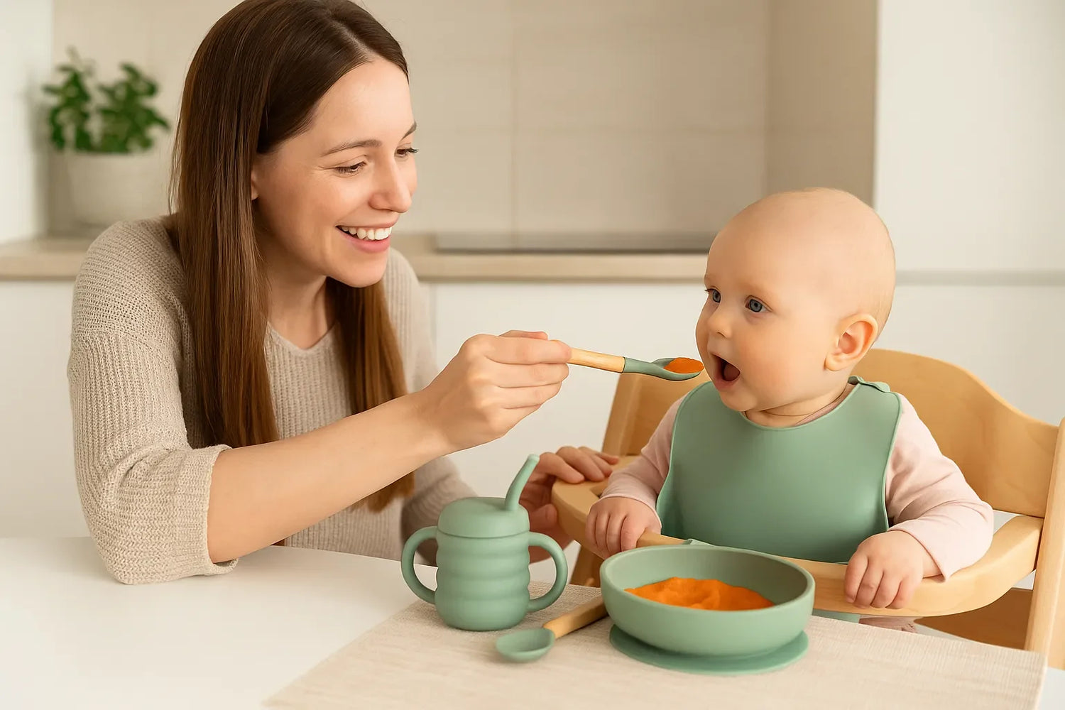 Maman donne la purée à son bébé dans une assiette en silicone avec cuillère bois, tasse d’apprentissage et bavoir vert pastel.