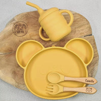 cadeau de naissance , Assiette + Tasse d'apprentissage + Couverts personnalisés Panda 