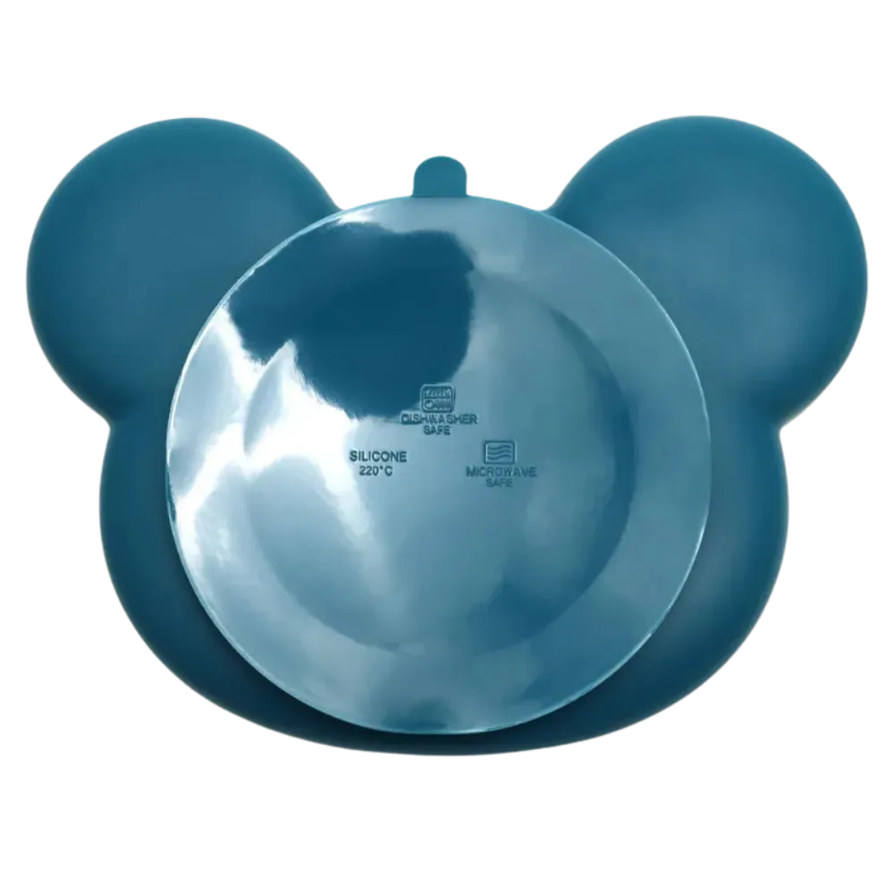 Assiette bebe bleu marine en silicone résistant au micro-ondes.