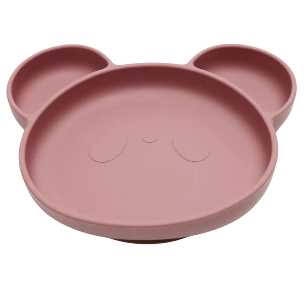 Assiette bebe compartimentée rose en silicone alimentaire premium.