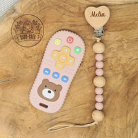 Coffret bébé personnalisé Baby-Crea Attache tétine personnalisée + Anneau de dentition en forme de télécommande