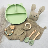 Coffret naissance vert pastel pour bébé garçon, prénom Antoine et Armand, assiette ventouse antidérapante, couverts ergonomiques gravés, doudou lapin personnalisé, anneau dentition bois naturel