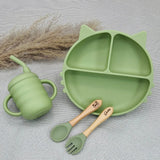 Coffret repas bébé personnalisé vert clair avec assiette compartimentée et tasse apprentissage, cadeau naissance original