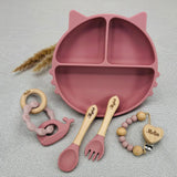 Coffret repas bébé personnalisé rose avec set repas chat et accessoires, idée cadeau naissance original