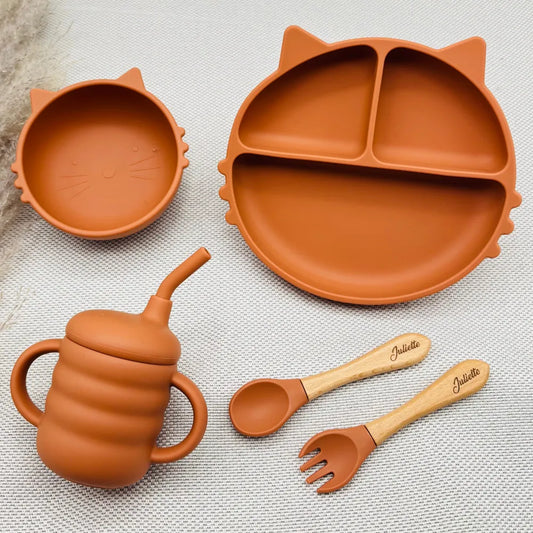 Coffret repas bébé personnalisé marron en silicone, design chat, cadeau de naissance pratique Baby-Crea
