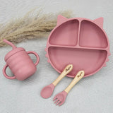 Coffret repas bébé personnalisé rose en silicone avec assiette chat compartimentée, cadeau naissance fille Baby-Crea