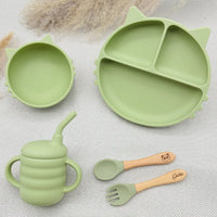 Coffret repas bébé personnalisé vert clair, assiette chat et accessoires en silicone, idée cadeau naissance