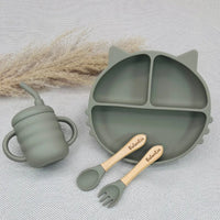 Coffret repas bébé personnalisé vert olive en silicone, set repas chat idéal pour cadeau de naissance Baby-Crea