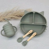 Coffret repas bébé personnalisé vert olive en silicone, set repas chat idéal pour cadeau de naissance Baby-Crea