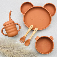 Coffret repas bébé prénom Juliette et Lenny en silicone terracotta, set repas panda avec tasse paille, bol assorti, couverts gravés, attache tétine bois – coffret naissance personnalisé garçon ou fille