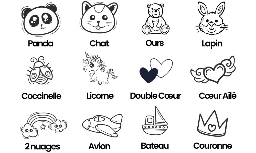 Ensemble d'icônes représentant des personnages et objets ludiques, incluant un smiley, un ours en peluche, un chat, un cœur, et divers motifs d'animaux et de nature.