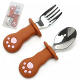 Couverts bébé marron forme chat silicone et inox