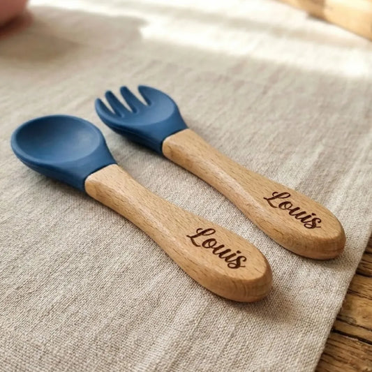 Couvert Bébé Personnalisé avec Prénom | Silicone & Bois Idéal Naissance
