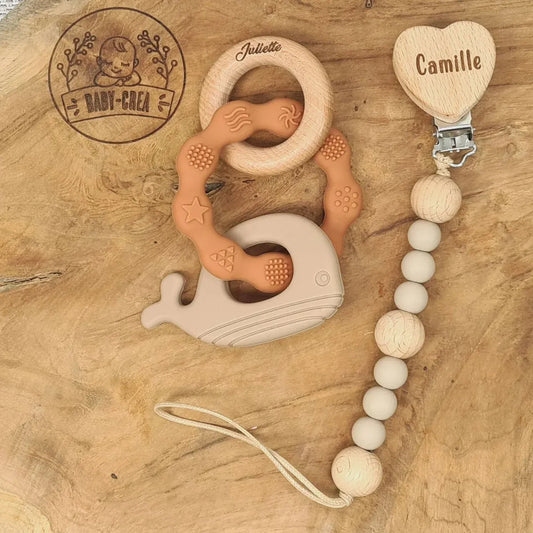 Duo attache tétine et anneau dentition personnalisé