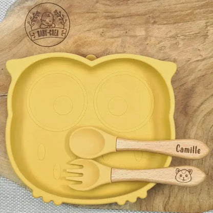 Kit repas bébé silicone sans BPA motif hibou