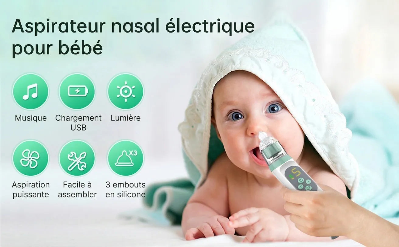 Bébé avec une capuche de serviette après le bain, présentant les fonctions du mouche bébé électrique : musique, chargement USB et embouts silicone.