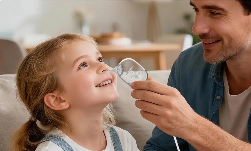 Un papa utilise l'aspirateur nasal électronique sur sa petite fille souriante, démontrant l'efficacité de l'appareil pour tous les âges.