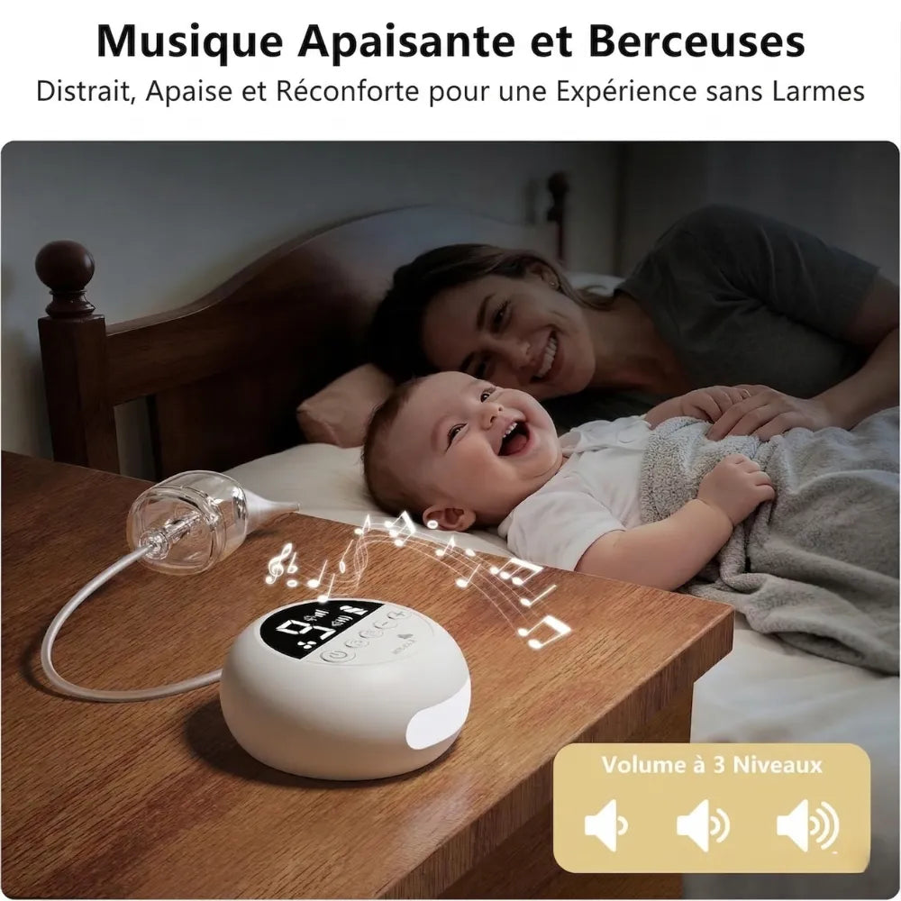 Bébé apaisé écoutant les berceuses du mouche bébé électronique avec volume réglable sur 3 niveaux.