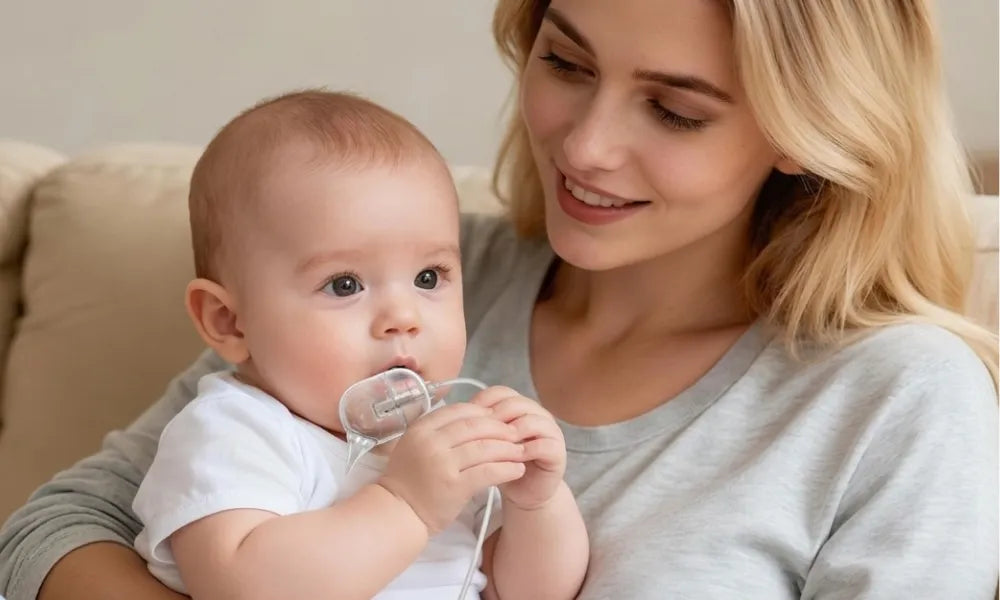 Une maman rassurante tenant son nouveau-né et l'embout en silicone souple du mouche bébé électronique pour un soin délicat.