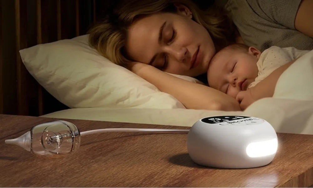 Maman et bébé dorment profondément à côté du mouche bébé électronique Baby-Crea avec sa veilleuse LED allumée sur la table de nuit.