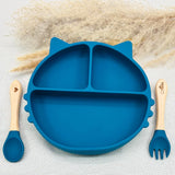Coffret bébé bleu marine personnalisé avec assiette ventouse et couverts bois. Cadeau naissance garçon tendance.