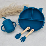 Set repas bébé personnalisé bleu marine avec assiette chat et tasse en silicone, idée cadeau de naissance Baby-Crea
