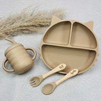 Set repas bébé personnalisé beige en silicone alimentaire, coffret naissance complet avec assiette chat Baby-Crea