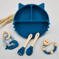 Set repas bébé personnalisé bleu marine en silicone avec assiette chat et accessoires de naissance Baby-Crea