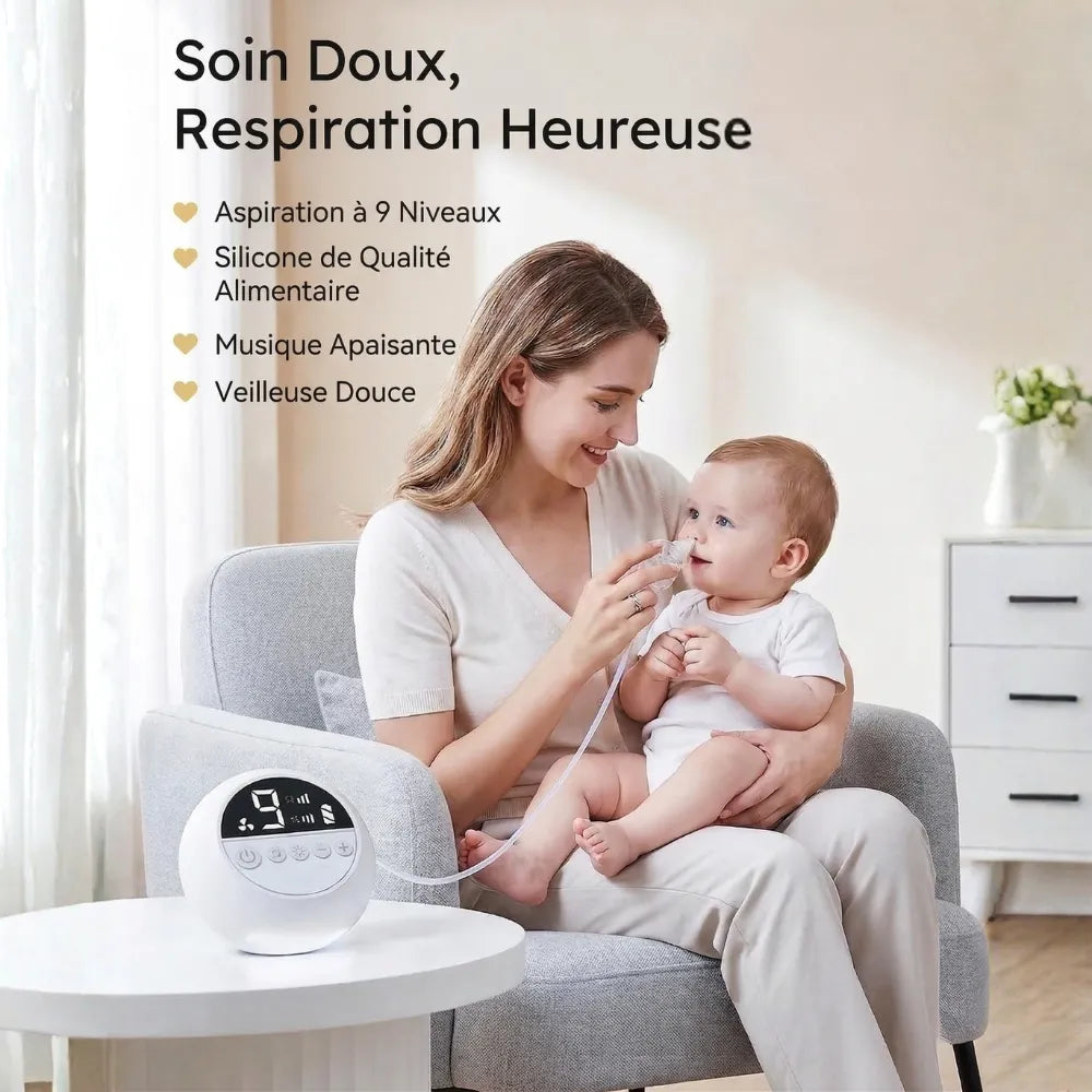 Liste des bénéfices du mouche bébé électronique : 9 niveaux d'aspiration, silicone alimentaire, musique et veilleuse.