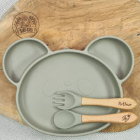 Set pappa personalizzato per bambino - Piatto a ventosa + forchetta e cucchiaio in bambù e silicone - Forma di gufo - Regalo nascita bambino