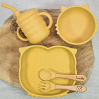 set repas pour bebe - Assiette ventouse +bol bébé ventouse + tasse d'apprentissage + couverts bebe Hibou - Coffret cadeau naissance