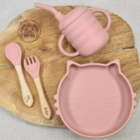 Set repas bébé - Assiette ventouse + tasse d'apprentissage + Couverts personnalisé Chat - Cadeau naissance bebe