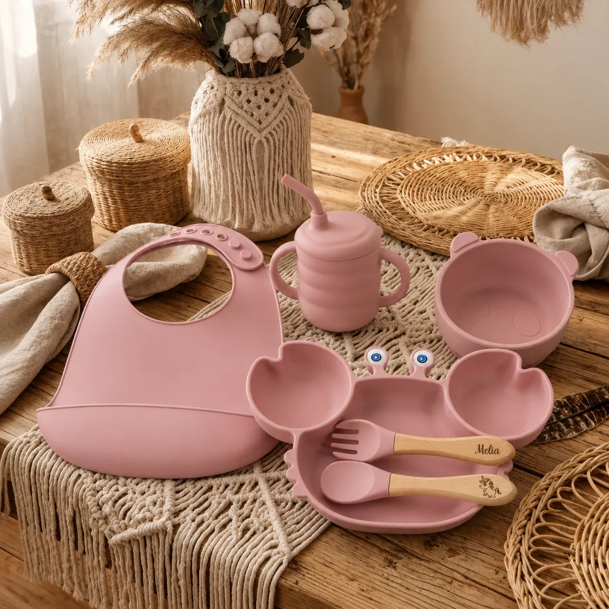Coffret repas bébé crabe personnalisé avec assiette à ventouse et couverts gravés avec prénom
