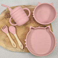 Set repas bébé - Assiette ventouse + Bol ventouse + Tasse d'apprentissage + Couverts personnalisé Chat - Cadeau de naissance