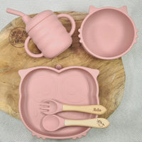 set repas pour bebe - Assiette ventouse +bol bébé ventouse + tasse d'apprentissage + couverts bebe Hibou - Coffret cadeau naissance