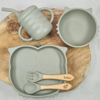 set repas pour bebe - Assiette ventouse +bol bébé ventouse + tasse d'apprentissage + couverts bebe Hibou - Coffret cadeau naissance