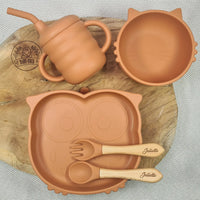 set repas pour bebe - Assiette ventouse +bol bébé ventouse + tasse d'apprentissage + couverts bebe Hibou - Coffret cadeau naissance