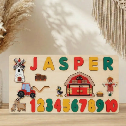 Puzzle Bébé Bois - Prénom Personnalisé & Thème Ferme Montessori