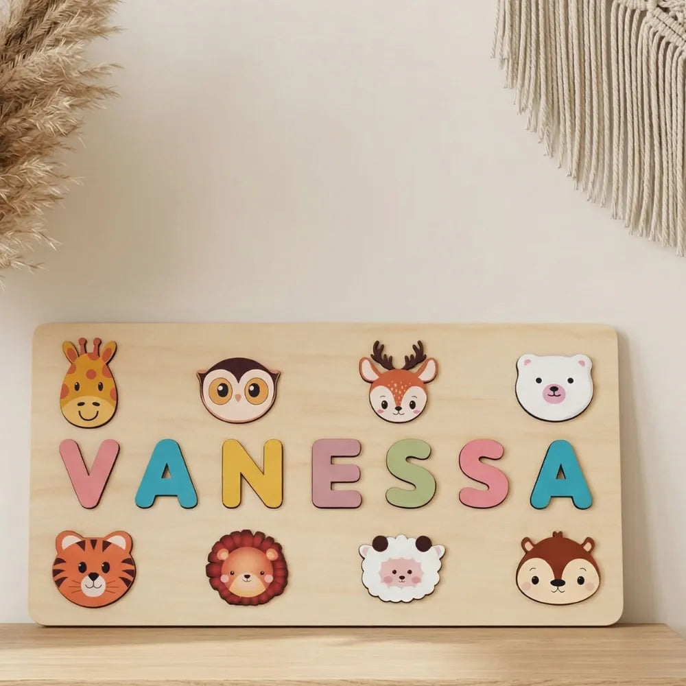 Puzzle en Bois Bébé – Prénom Personnalisé & Jouet Montessori Animaux