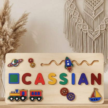 Puzzle Personnalisé Bébé – Prénom en Bois Thème Espace & Transport
