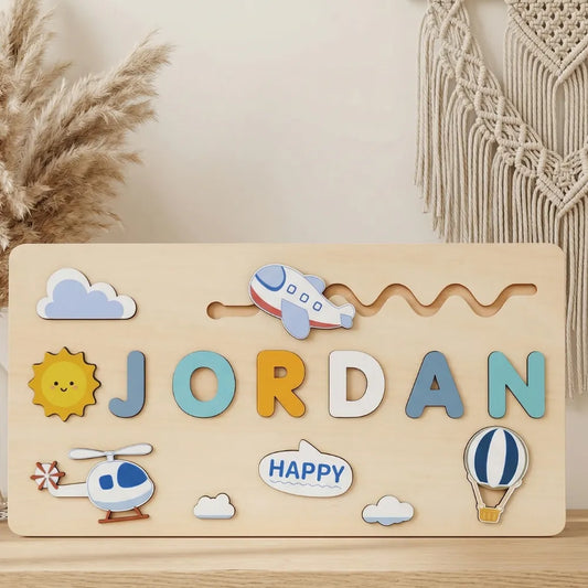 Puzzle Pour Bébé – Prénom Personnalisé en Bois & Jouet Montessori Avion