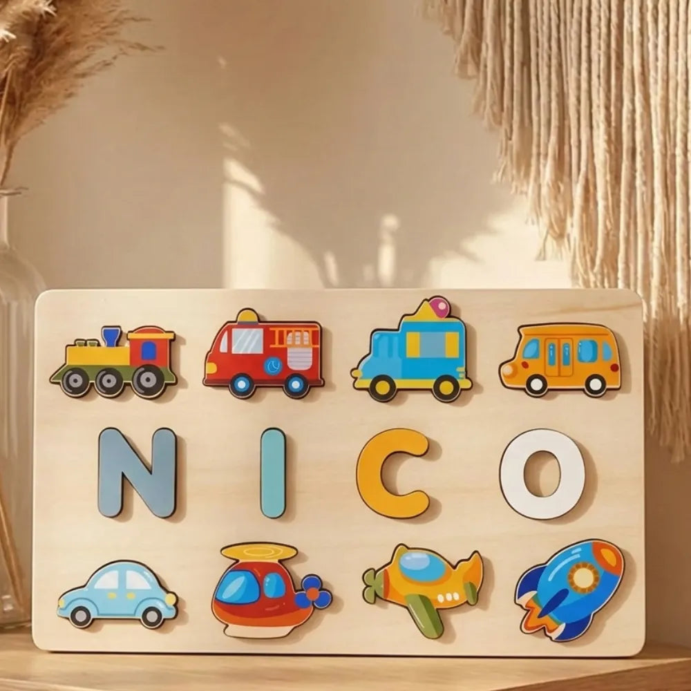 Puzzle en Bois pour Bébé - Prénom Personnalisé & Jouet Montessori Véhicules