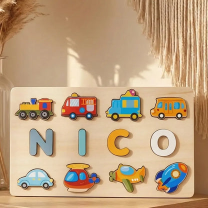 Puzzle en Bois pour Bébé - Prénom Personnalisé & Jouet Montessori Véhicules