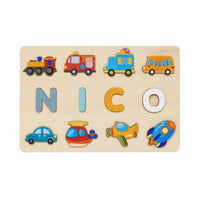 puzzle prénom NICO avec véhicules colorés