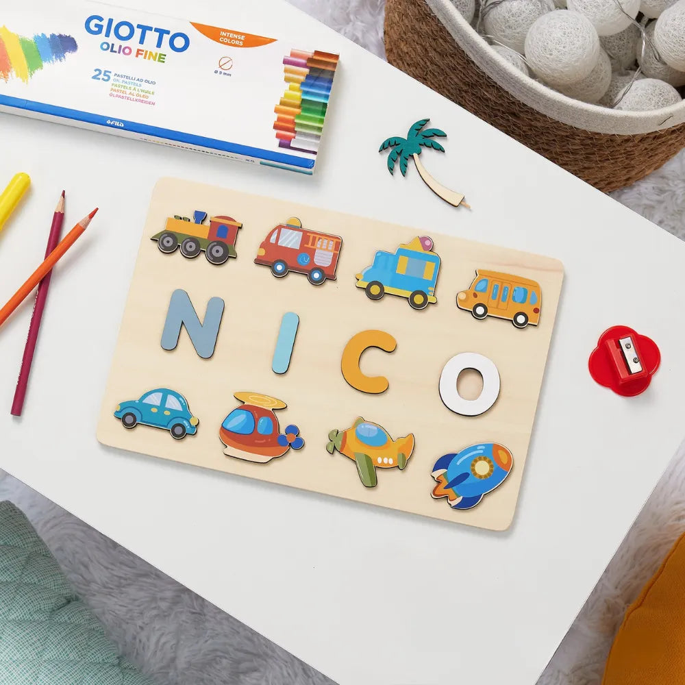 puzzle prénom NICO avion fusée camion