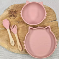 Set repas bébé chat : Assiette ventouse + bol ventouse+ Couverts personnalisé